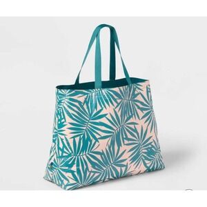 Open Story Reversible Packable Tote Teal Palm Print Large Travel NWT
